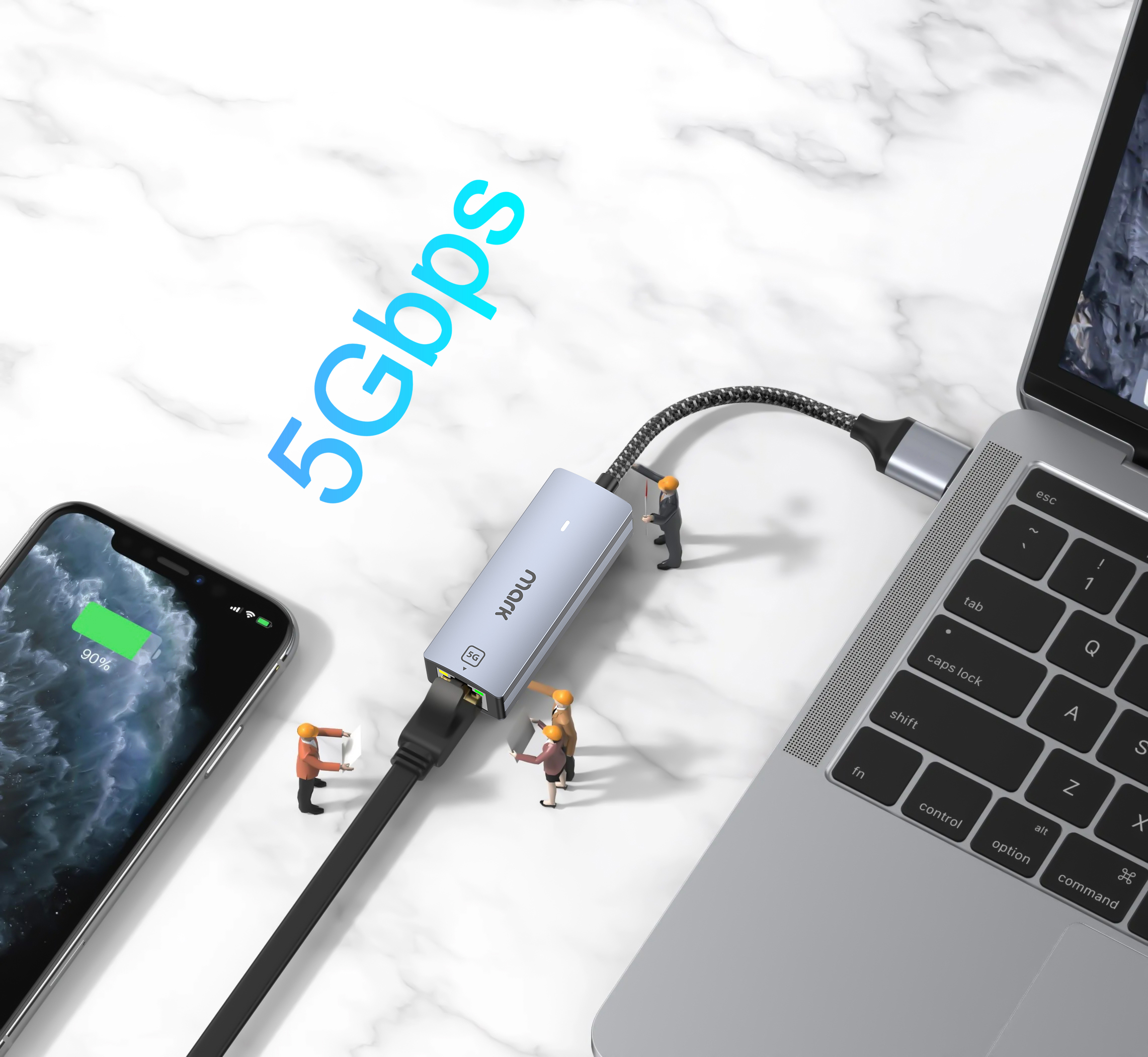 WH7505 USB-A to 5G Ethernet Adapter connected to a laptop