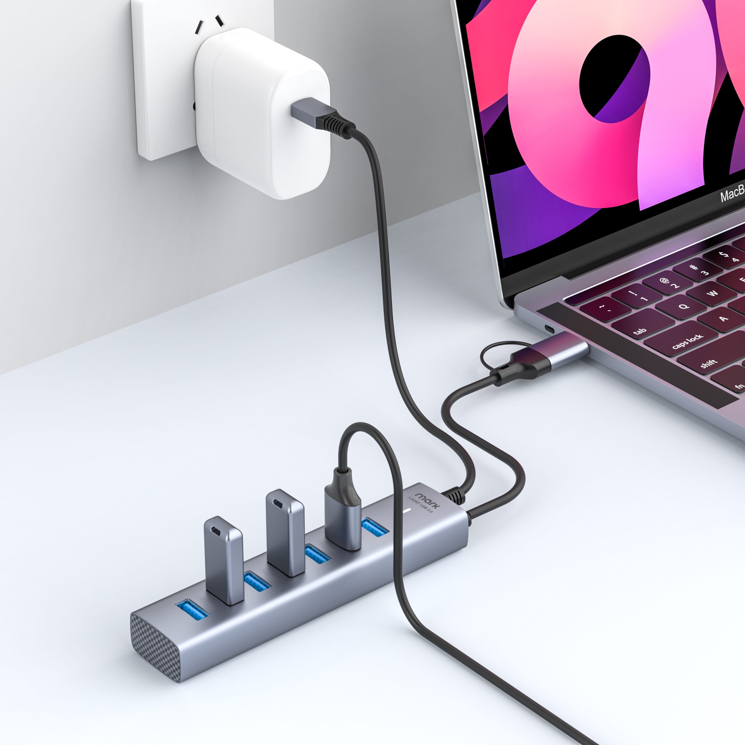 WH3234 7-Port USB 3.2 Hub Connected to Multiple Devices