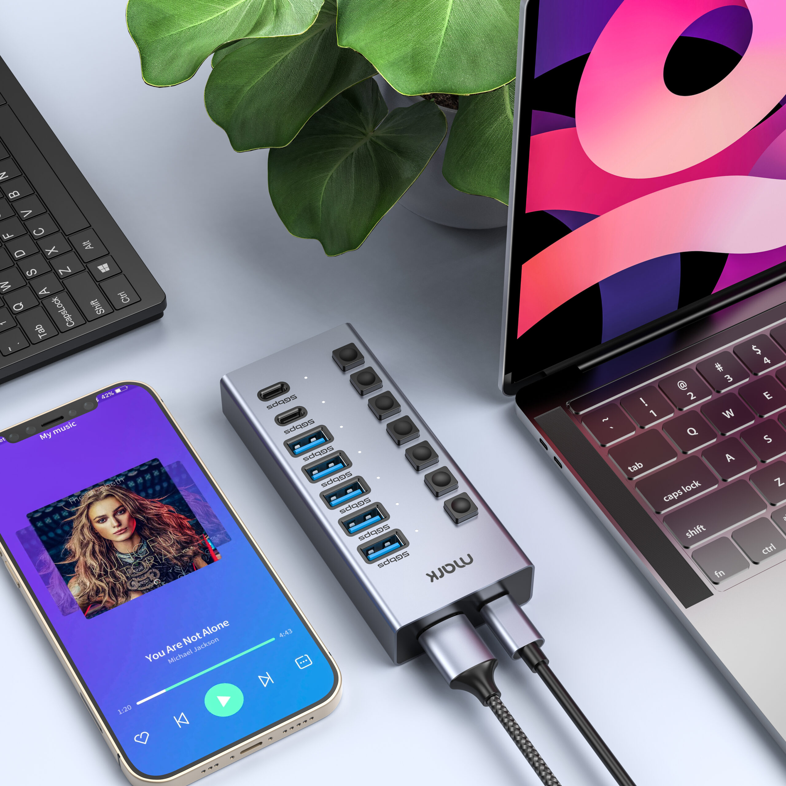 WH3708 7-Port Powered USB Hub Connected to Multiple Devices