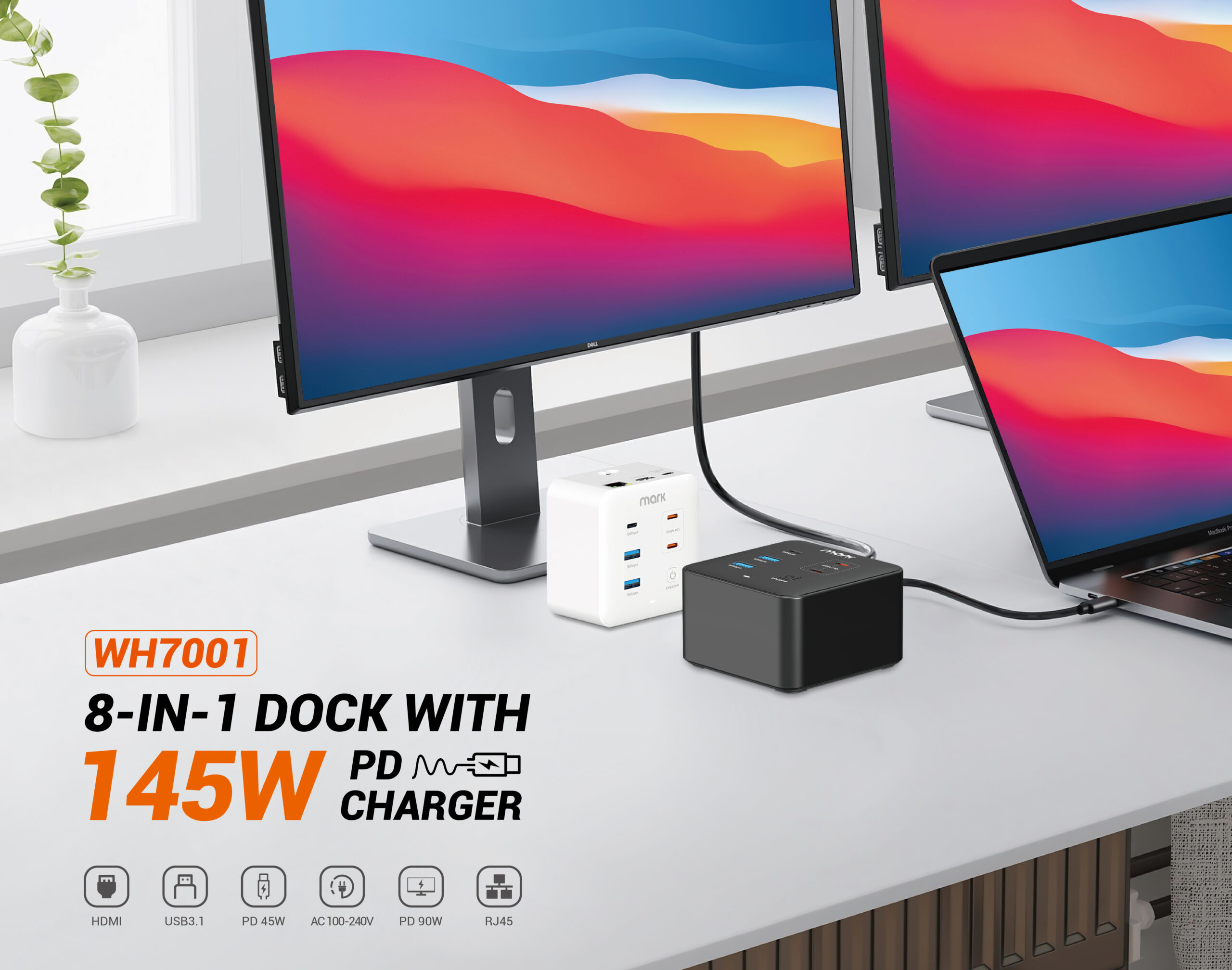 WH7001 8-in-1 USB-C dock with 168W PD charger