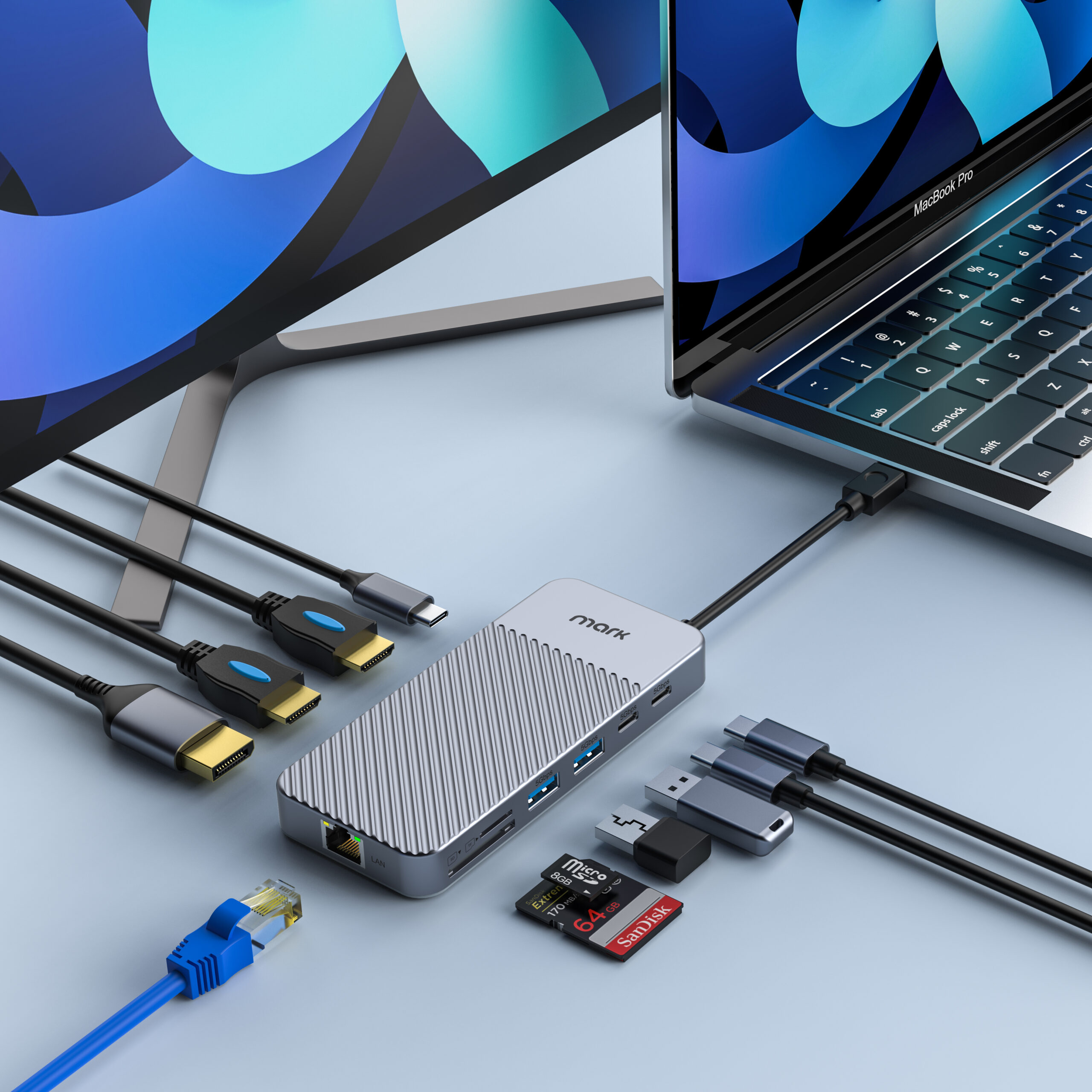 WH7383 11-in-1 USB-C Docking Station with dual HDMI and DisplayPort